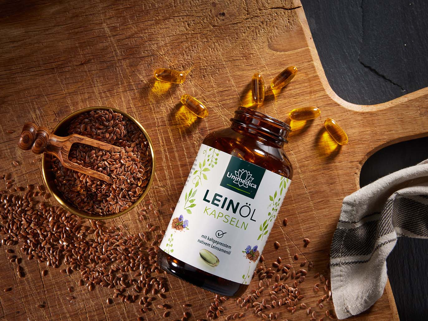 Leinöl mit pflanzlichen Omega Fettsäuren 3-6-9 - 1.000 mg pro Tagesdosis (1 Kapsel) - 120 Softgelkapseln - von Unimedica